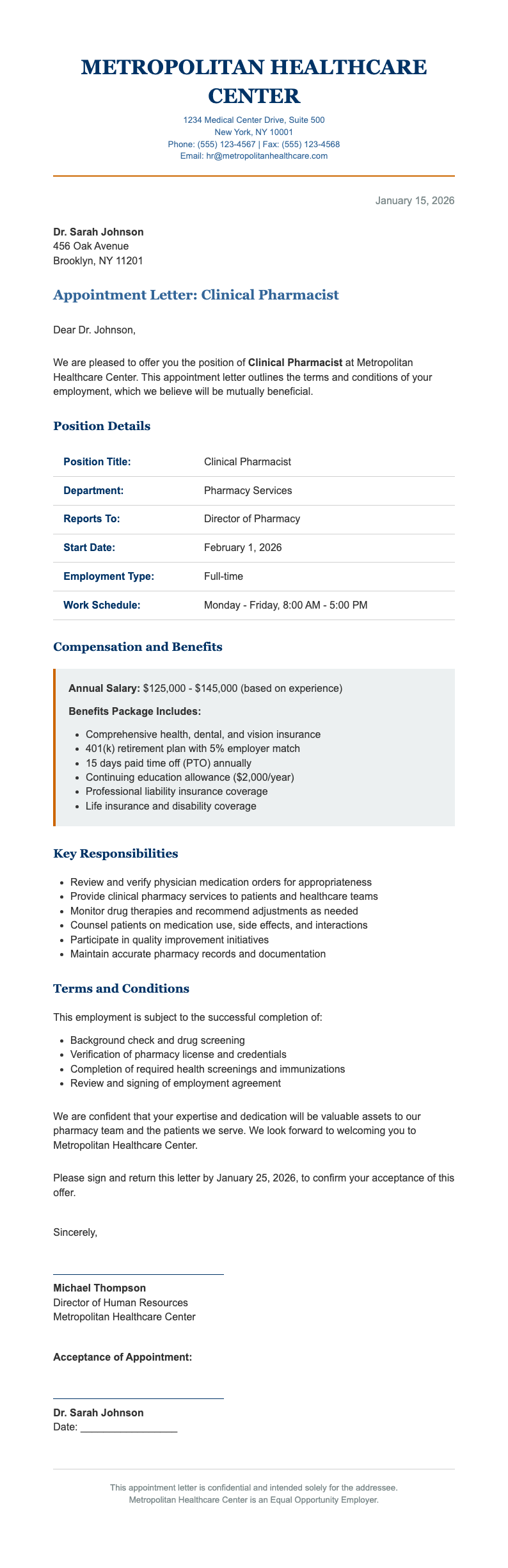 University course pharmacist appointment letter
